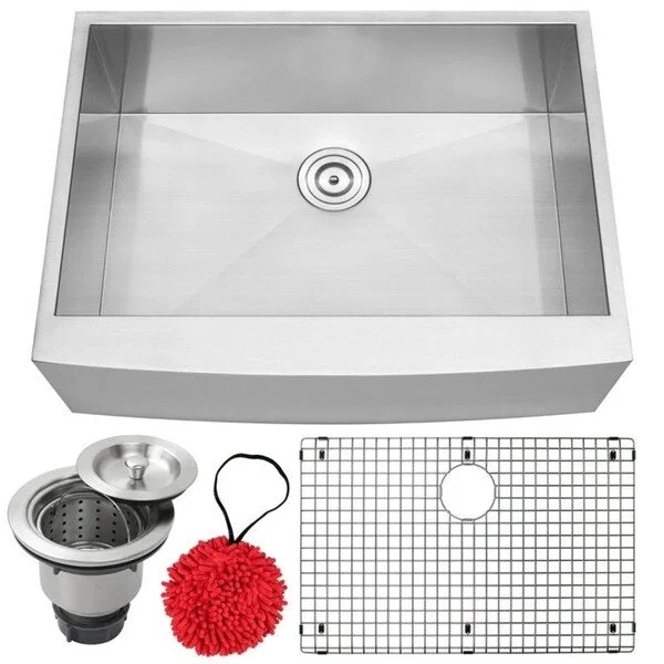 30" Ticor S4410 Bryce Series Curved Apron Front 16-Gauge Stainless Steel Single Basin Zero Radius Kitchen Sink with Accessories