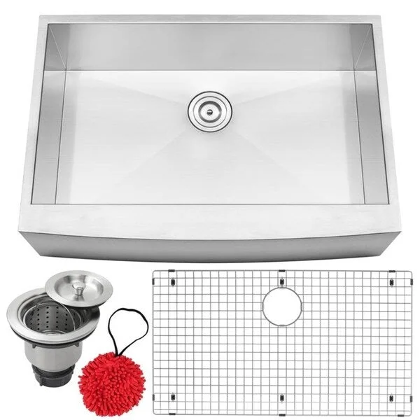 33" Ticor S4402 Bryce Series Curved Apron Front 16-Gauge Stainless Steel Single Basin Zero Radius Kitchen Sink with Accessories