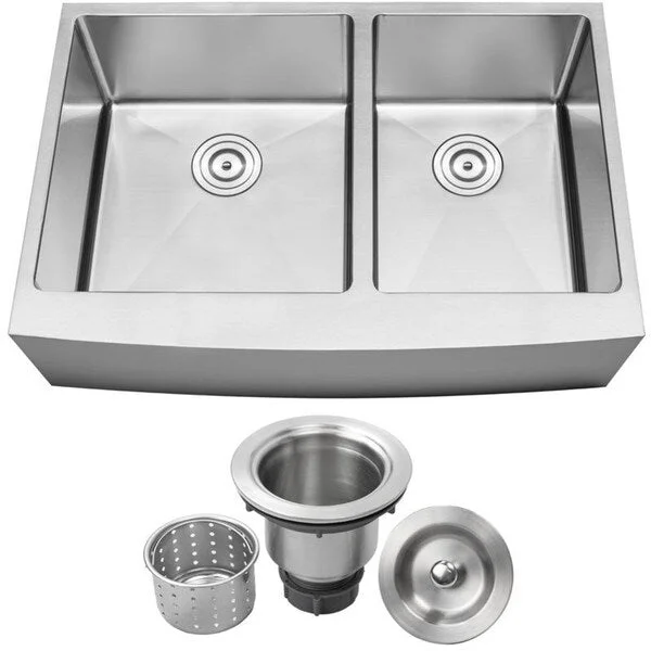 33" Ticor S4414 Bryce Series Curved Apron Front 16-Gauge Stainless Steel Double Basin Kitchen Sink