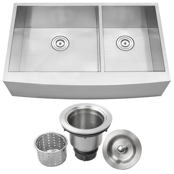 36" Ticor S4411 Bryce Series Curved Apron Front 16-Gauge Stainless Steel Double Basin Zero Radius Kitchen Sink