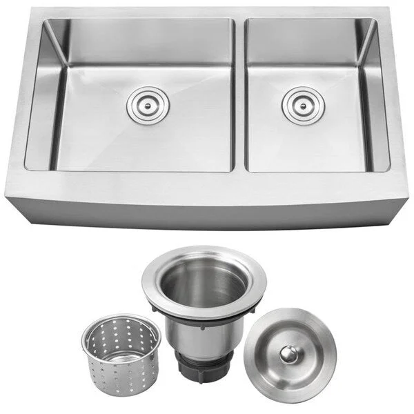 36" Ticor S4416 Bryce Series Curved Apron Front 16-Gauge Stainless Steel Double Basin Kitchen Sink