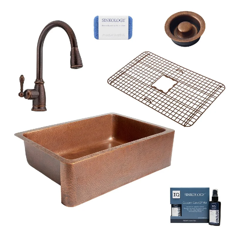 Adams Copper 33" Single Bowl Farmhouse Apron Front Undermount Kitchen Sink with Bronze Faucet Kit