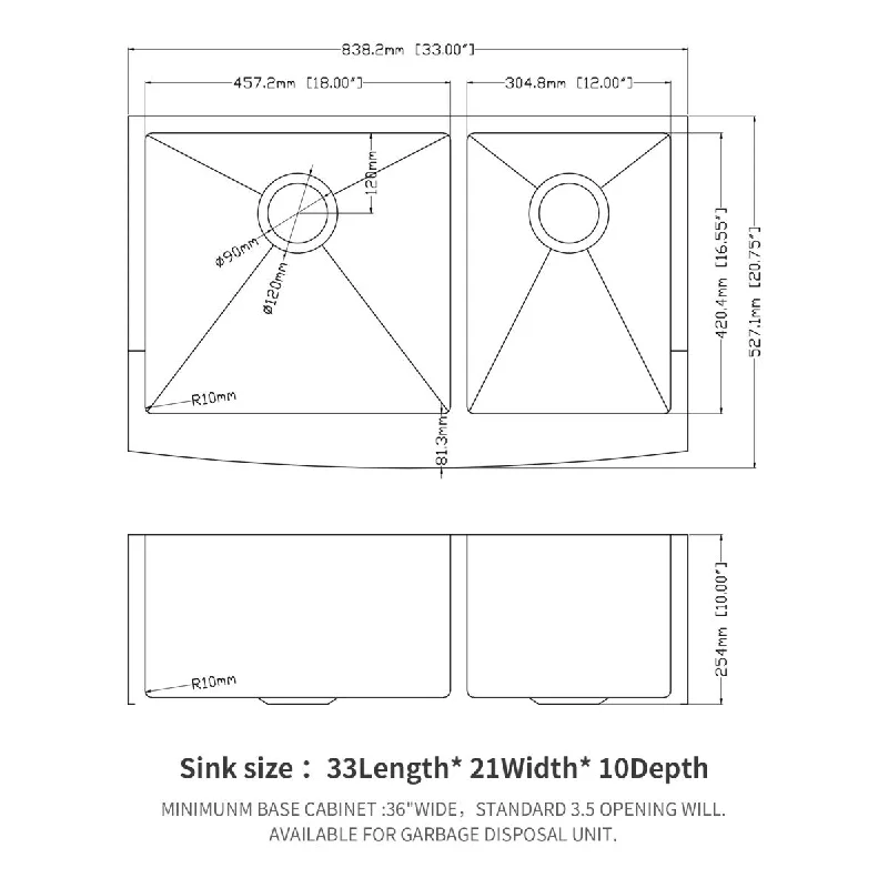 Double Bowl (60/40) Farmhouse Sink - 33"x21"x10" Stainless Steel Apron Front Kitchen Sink 16 Gauge with Two 10" Deep Basin