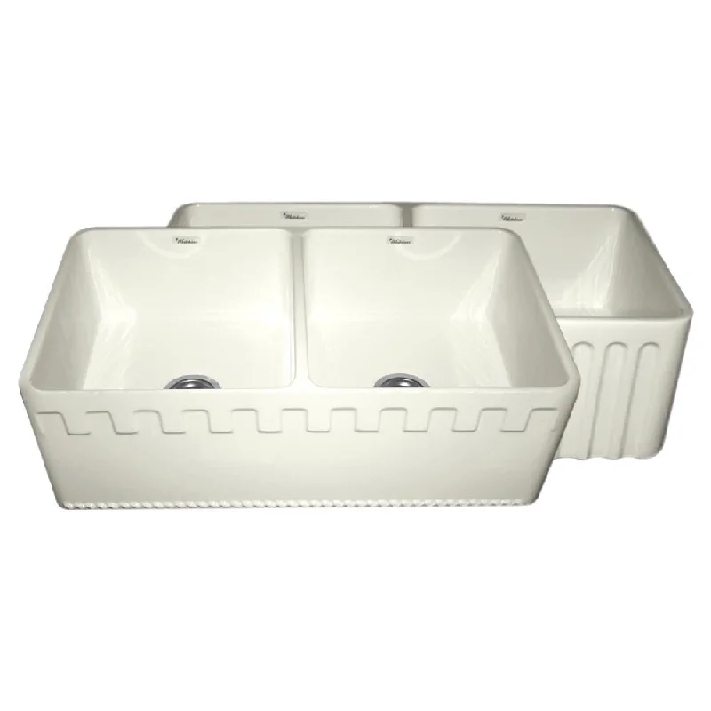 Fireclay Reversible Double-bowl Sink with Athinahausa and Fluted Front Aprons - Biscuit