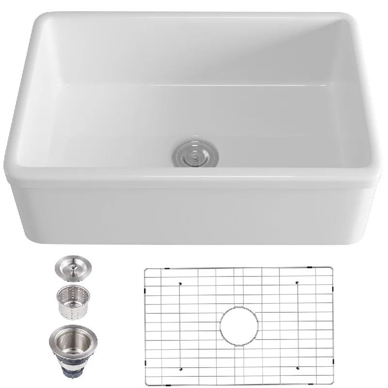 Pure White Ceramic Fireclay Single Bowl Farmhouse Apron Kitchen Sink - 29.76 in. Width