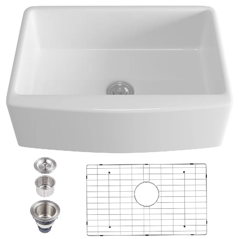 Pure White Ceramic Fireclay Single Bowl Farmhouse Apron Kitchen Sink - 29.76 in. Width