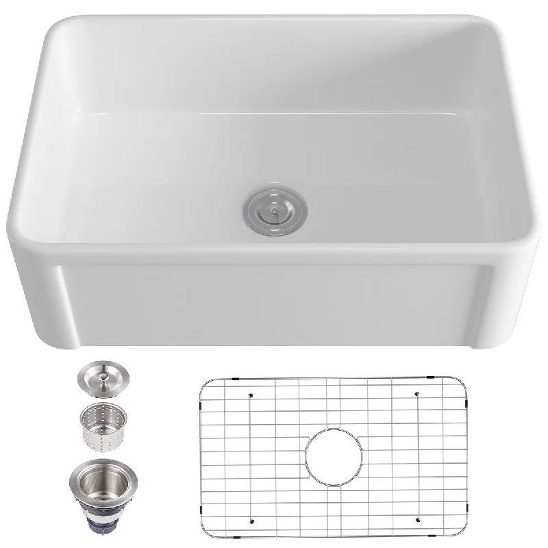 Pure White Ceramic Fireclay Single Bowl Farmhouse Apron Kitchen Sink - 30.16 in. Width