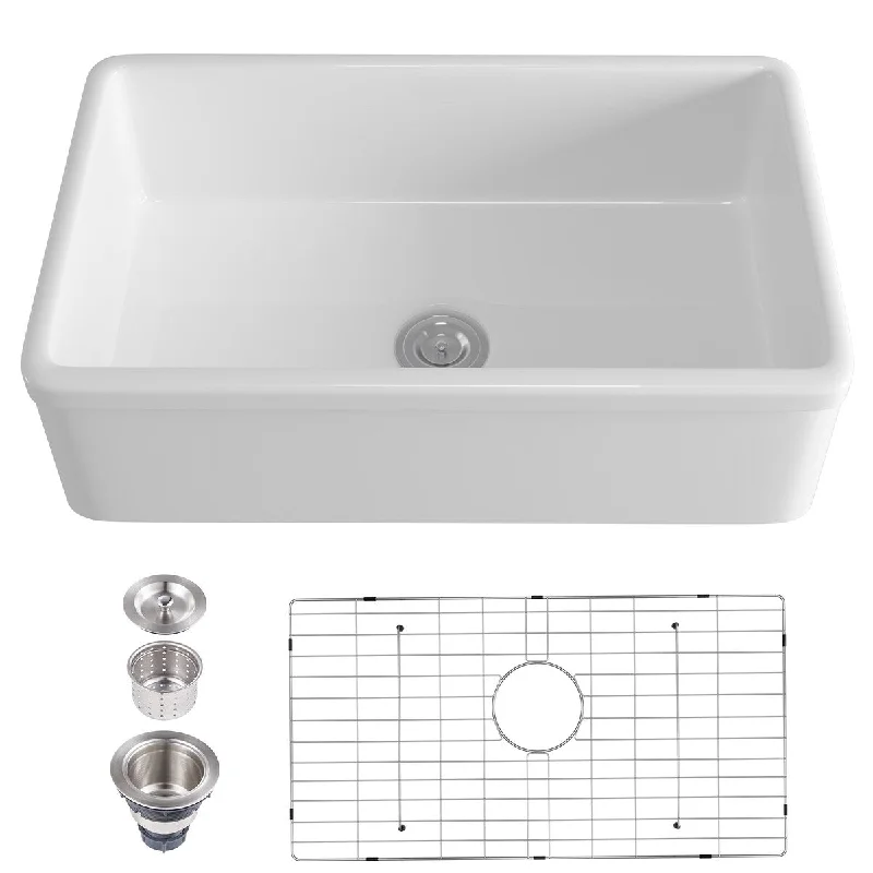 Pure White Ceramic Fireclay Single Bowl Farmhouse Apron Kitchen Sink - 32.52 in. Width