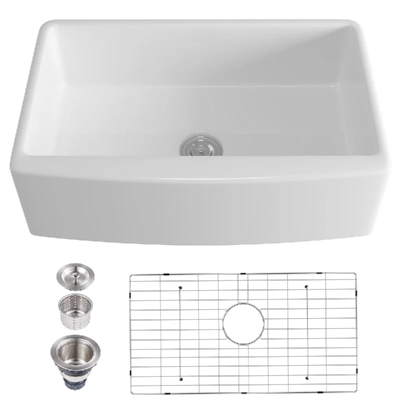 Pure White Ceramic Fireclay Single Bowl Farmhouse Apron Kitchen Sink - 32.52 in. Width