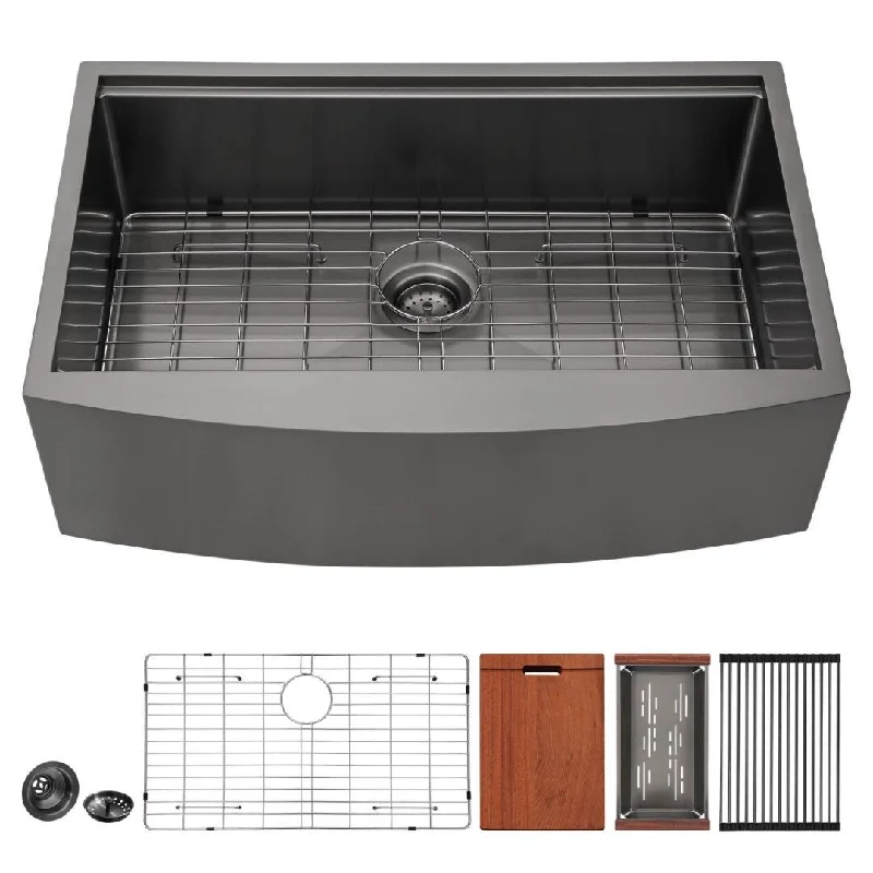 Refurbished 33 Inch Black Apron Front Workstation Single Bowl Farmhouse Kitchen Sink 16 Gauge Stainless Steel - 33"x22"x10"