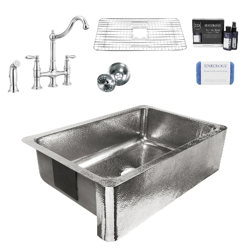 Sinkology Lange Crafted Stainless Steel 32" Single Bowl Farmhouse Apron Kitchen Sink with Chrome Bridge Faucet Kit