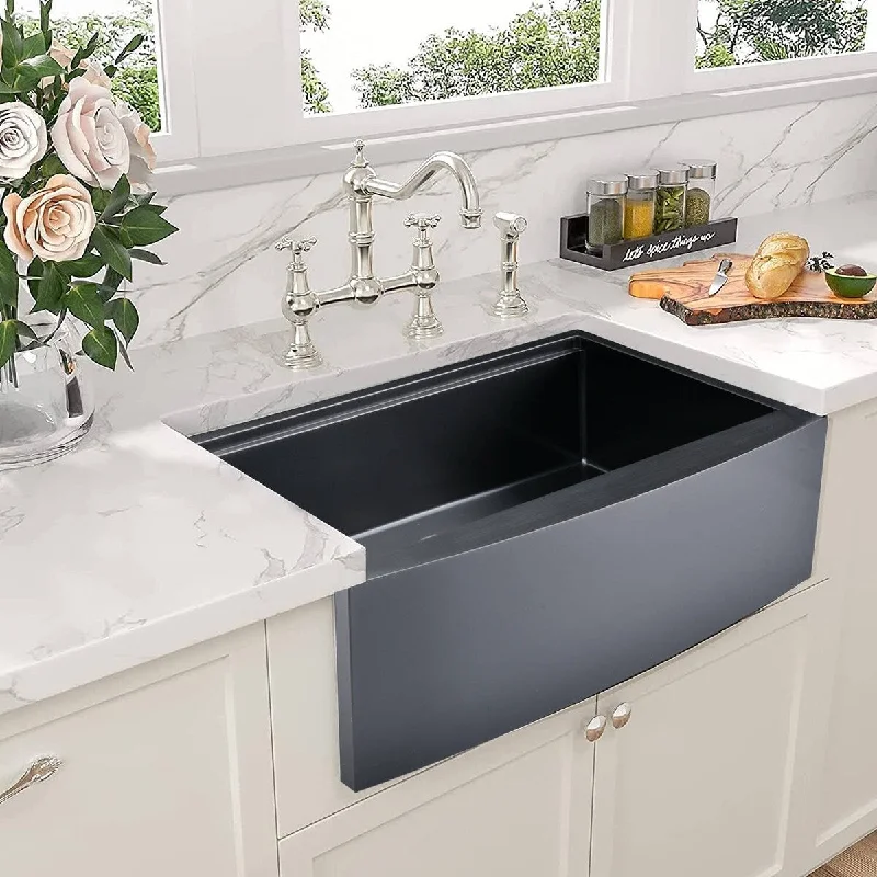 Vanityfair 33" L x 21" W Apron Front Curved Workstation Farmhouse Sink Stainless Steel 16 Gauge Single Bowl Farm Sink