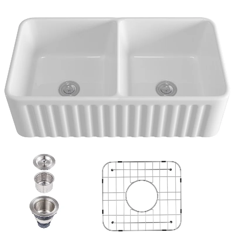 White Ceramic Double Bowl Farmhouse Apron Kitchen Sink With Grooves - 33.27 in. Width