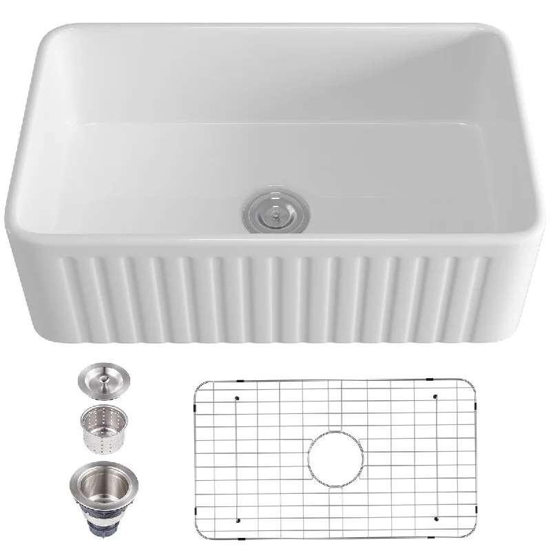 White Ceramic Single Bowl Farmhouse Apron Kitchen Sink With Grooves - 30.08 in. Width