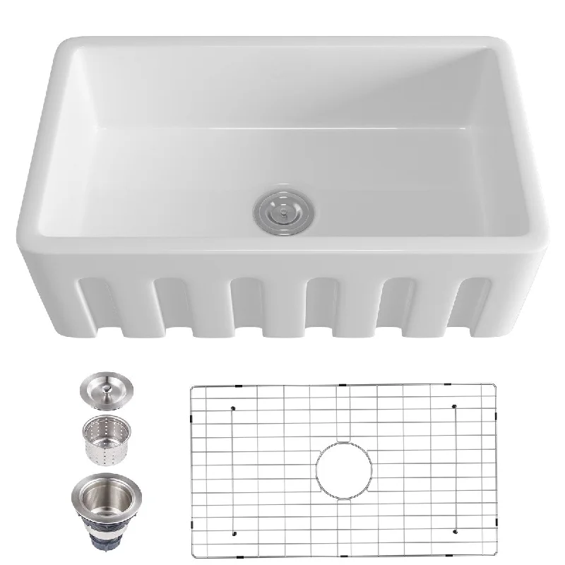 White Ceramic Single Bowl Farmhouse Apron Kitchen Sink With Grooves - 32.52 in. Width