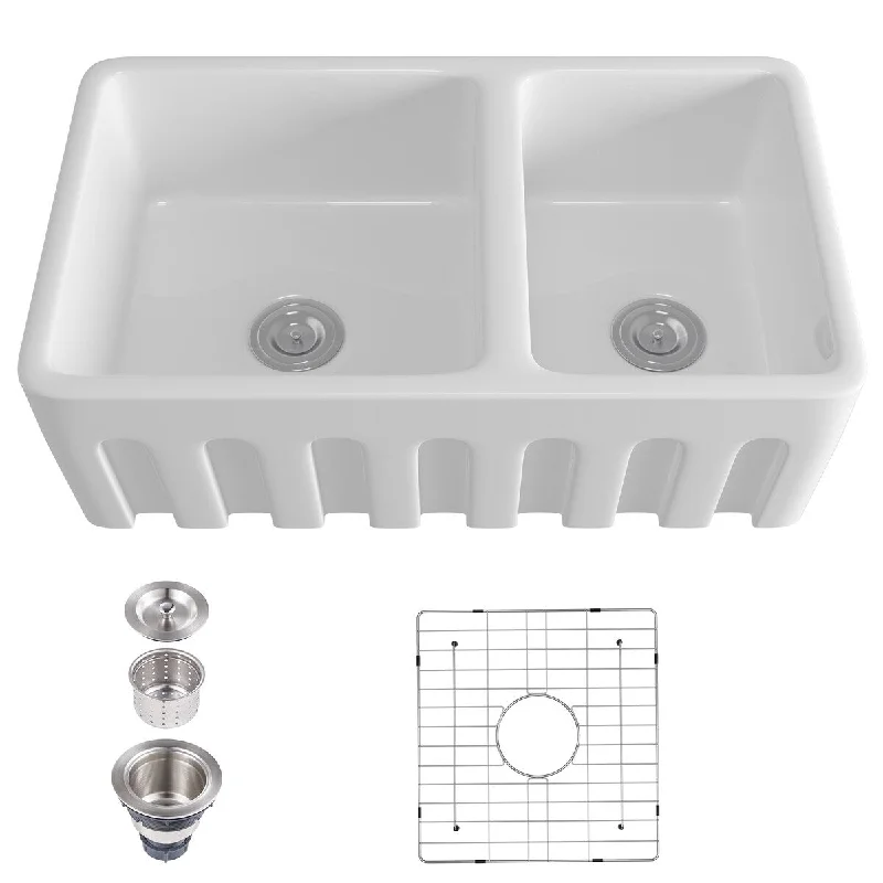 White Ceramic Single Bowl Farmhouse Apron Kitchen Sink With Grooves - 32.76 in. Width