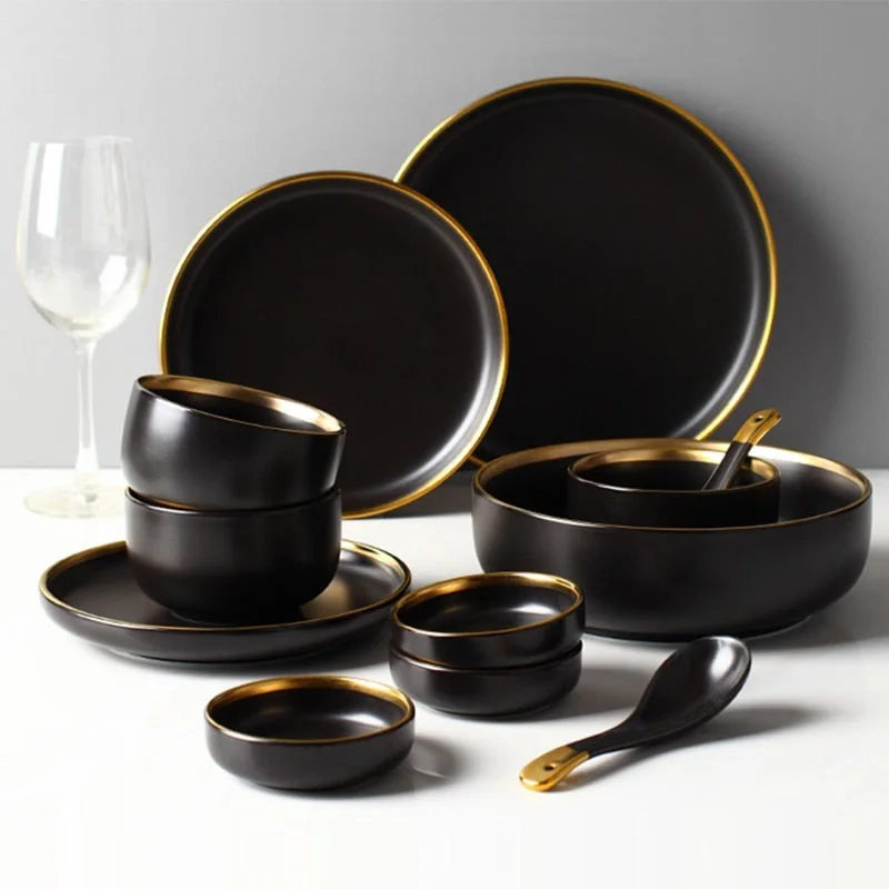 Black Porcelain Dinner Plates Dish Plates and Bowls Set Dinnerware Set