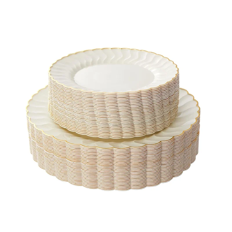 60 Pack Ivory Scalloped Plastic Plates with Gold Rim, Disposable Elegant Plates Include 30pcs Dinner Plates 10", 30pcs Plastic Dessert Plates 7.5", Perfect for Wedding Party