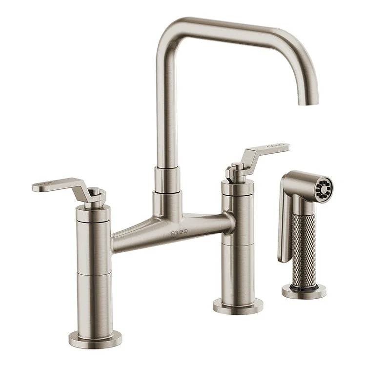 Litze Two Handle Kitchen Bridge Faucet with Square Spout/Industrial Handle/Side Sprayer