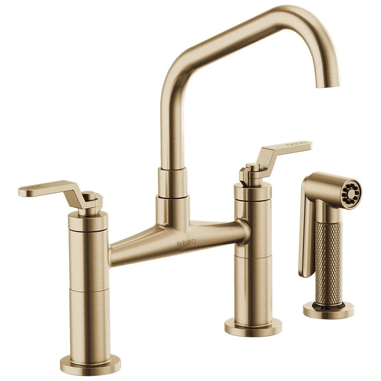 Litze Two Handle Kitchen Bridge Faucet with Angled Spout/Industrial Handle/Side Sprayer