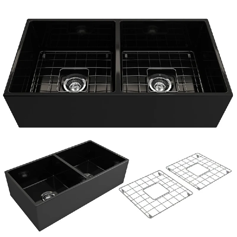 Contempo 36" x 19" x 10" Double-Basin Farmhouse Apron Front Kitchen Sink in Matte Black