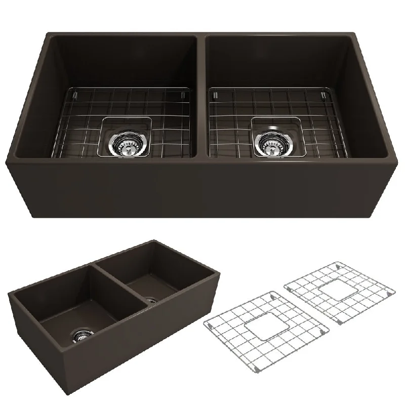 Contempo 36" x 19" x 10" Double-Basin Farmhouse Apron Front Kitchen Sink in Matte Brown