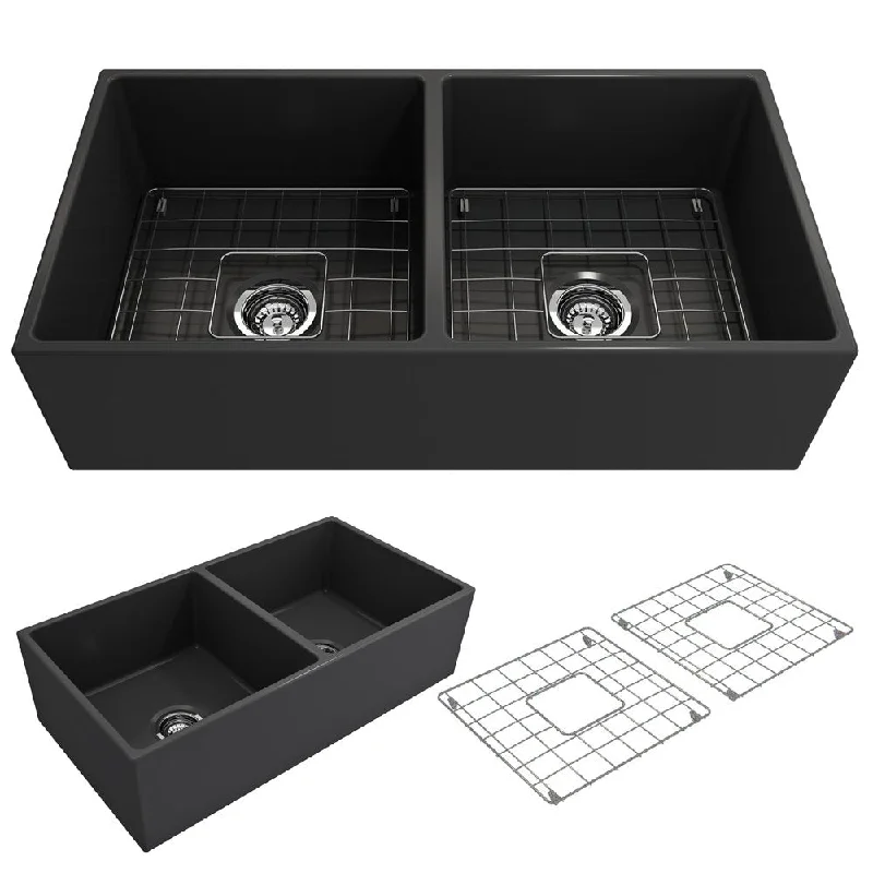 Contempo 36" x 19" x 10" Double-Basin Farmhouse Apron Front Kitchen Sink in Matte Dark Gray