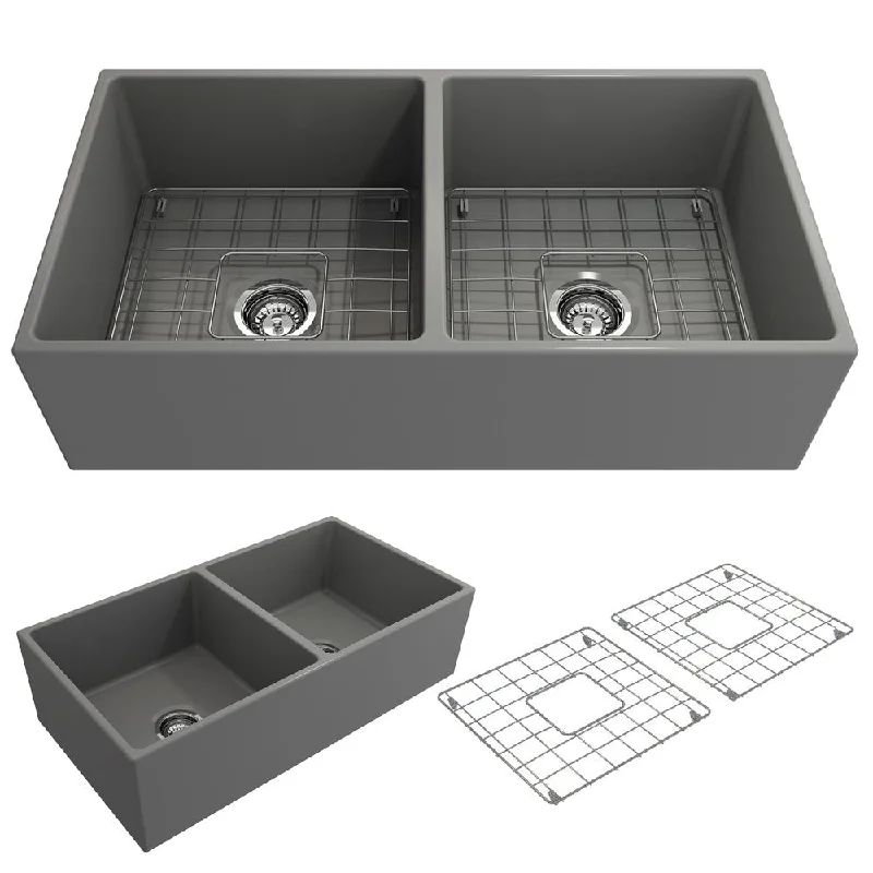 Contempo 36" x 19" x 10" Double-Basin Farmhouse Apron Front Kitchen Sink in Matte Gray