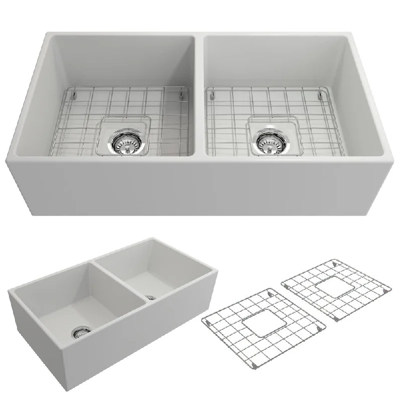 Contempo 36" x 19" x 10" Double-Basin Farmhouse Apron Front Kitchen Sink in Matte White