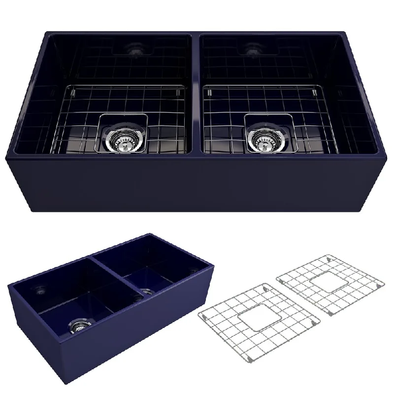 Contempo 36" x 19" x 10" Double-Basin Farmhouse Apron Front Kitchen Sink in Sapphire Blue