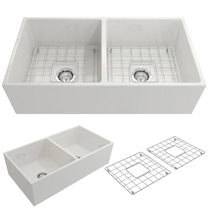 Contempo 36" x 19" x 10" Double-Basin Farmhouse Apron Front Kitchen Sink in White