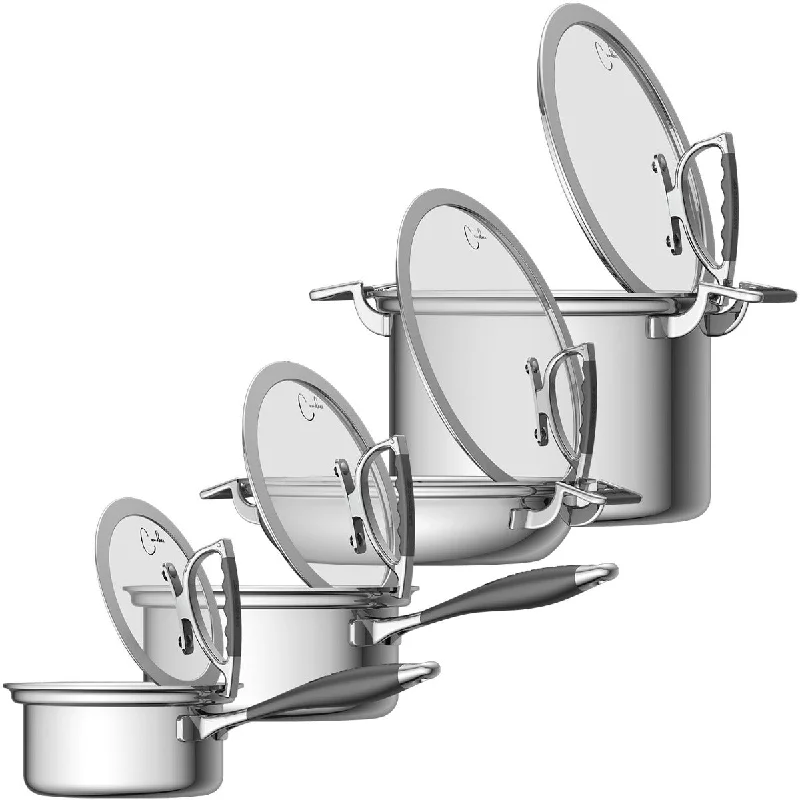 CookCraft by Candace 8-Piece Tri-Ply Stainless Steel Luxury Cookware Set featuring Silicone Handles and Glass Lid with Convenient Rim Latch