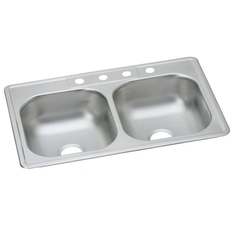 Kitchen Sink Dayton 33 x 22 Inch Double Bowl Equal MR2 Hole Satin Top Mount Drain Location Center Multiple of 50 Bottom Only Pads