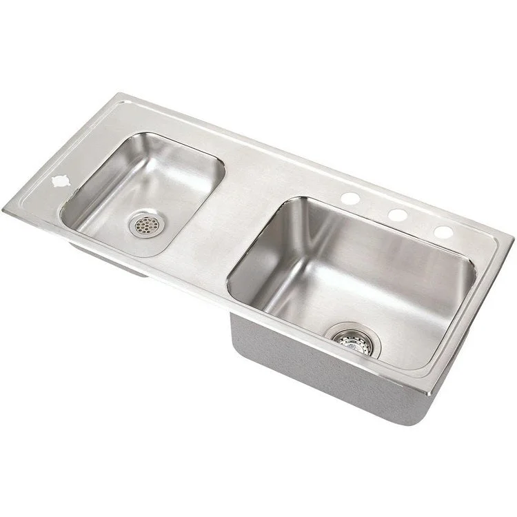 Classroom Sink Lustertone 37.25 x 17 Inch Double Bowl ADA Left 4 Hole Lustrous Satin Drop-In Minimum Cabinet Size 42 Inch 6-1/2 Inch Quick Clip Mounting System 18 Gauge Bottom Only Pads Mounting Hardware Included for Up to 3/4IN Countertop