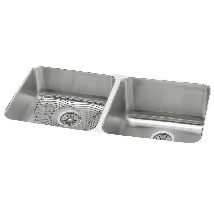 Kitchen Sink Lustertone Classic 30.75 x 18.5 Inch Depth 7-7/8 and 10 Inch Double Bowl Equal Kit Lustrous Satin Undermount Drain Location Rear Center