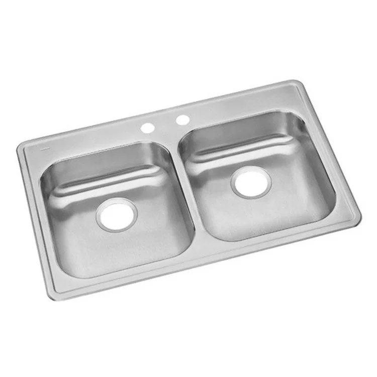 Kitchen Sink Dayton 33 x 21.25 Inch Double Bowl Equal 2 Hole ADA Satin Top Mount Rectangle Drain Location Rear Center Depth 5-3/8 Inch Bottom Only Pads