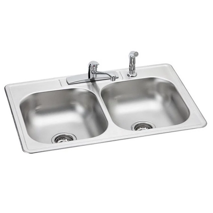 Kitchen Sink Dayton 33 x 22 Inch Double Bowl Equal Kit 4 Hole ADA Satin Drop-In Rectangle Drain Location Center Depth 6 Inch Bottom Only Pads