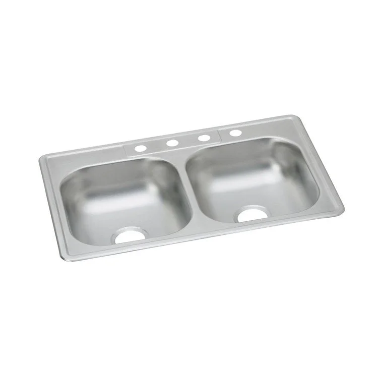 Kitchen Sink Dayton 33 x 22 Inch Double Bowl Equal 2 Hole ADA Satin Drop-In Rectangle Drain Location Center Depth 6 Inch Multiple of 10 Bottom Only Pads