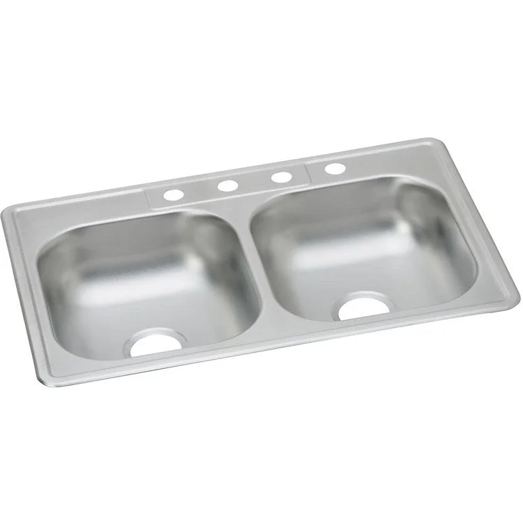 Kitchen Sink Dayton 33 x 22 Inch Double Bowl Equal MR2 Hole ADA Satin Drop-In Rectangle Drain Location Center Depth 6 Inch Multiple of 10 Bottom Only Pads