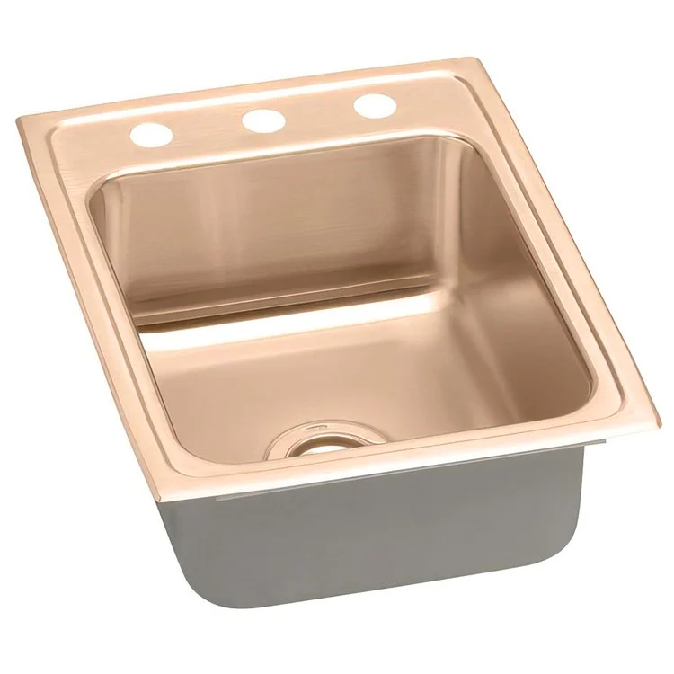 Kitchen Sink 17 x 22 Inch Single Bowl Copper Drop-In CuVerro Antimicrobial Copper Drain Location Center Full Spray Sides and Bottom