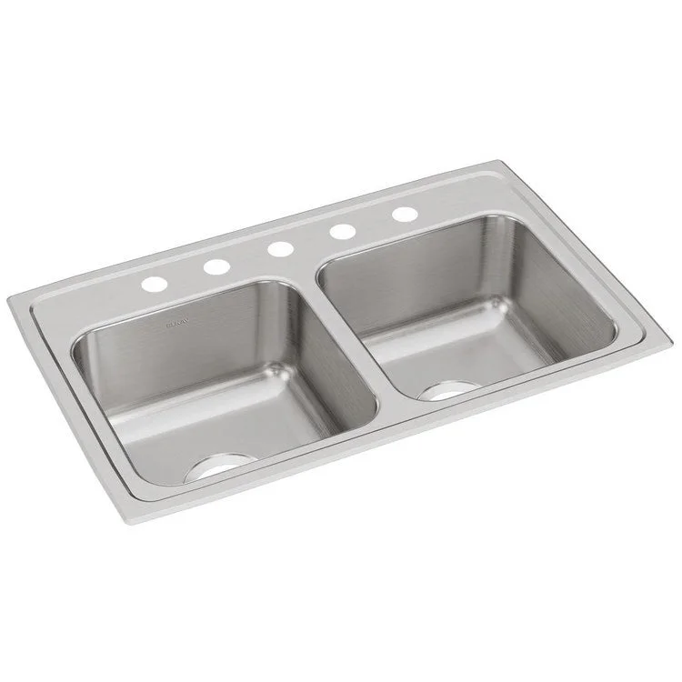 Kitchen Sink Lustertone Classic 29 x 18 Inch Double Bowl Equal 5 Hole Lustrous Satin Drop-In Stainless Steel Drain Location Center Bottom Only Pads