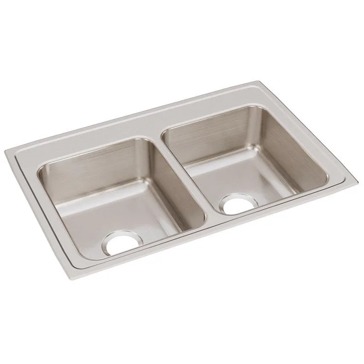 Kitchen Sink Lustertone Classic 33 x 22 Inch Double Bowl Equal Lustrous Satin Drop-In Stainless Steel Drain Location Center Sides and Bottom Pads