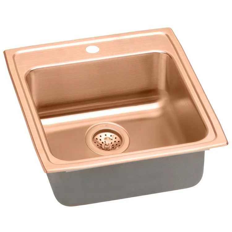 Kitchen Sink 19.5 x 22 Inch Single Bowl 1 Hole ADA Copper Drop-In Rectangle Drain Location Rear Center Depth 4-1/2 Inch Bottom Only Pads