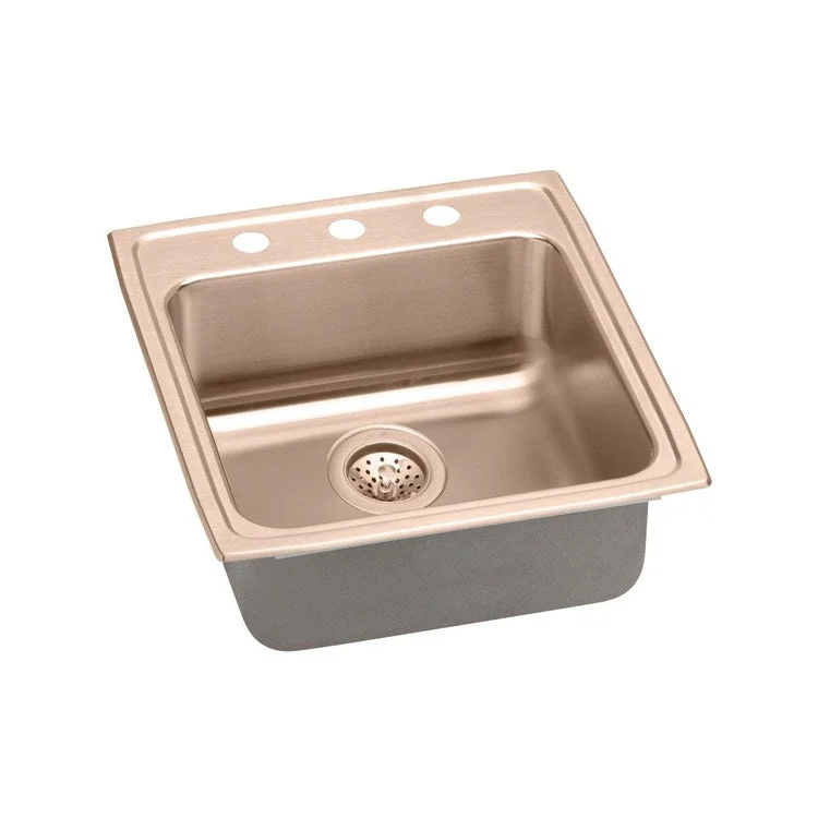 Kitchen Sink 19.5 x 22 Inch Single Bowl 3 Hole ADA Copper Drop-In Rectangle Drain Location Rear Center Depth 5 Inch Full Spray Sides and Bottom