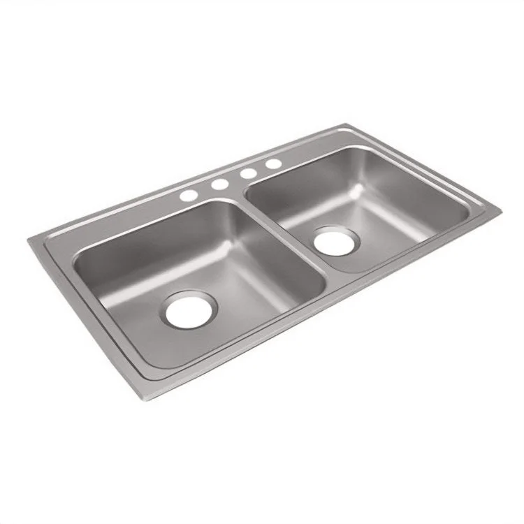 Kitchen Sink Lustertone Classic 33 x 19.5 Inch Double Bowl 4 Hole ADA Lustrous Highlighted Satin Top Mount Rectangle Drain Location Rear Center Depth 5-1/2 Inch Full Spray Sides and Bottom