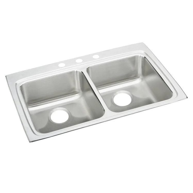 Kitchen Sink Lustertone Classic 33 x 22 Inch Double Bowl Equal 2 Hole ADA Lustrous Satin Drop-In Rectangle Drain Location Rear Center Depth 5 Inch Bottom Only Pads