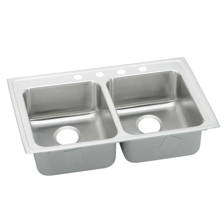 Kitchen Sink Lustertone Classic 33 x 19.5 Inch Double Bowl Equal ADA Lustrous Satin Drop-In Rectangle Drain Location Rear Center Depth 5 Inch Quick Clip Mounting System Bottom Only Pads