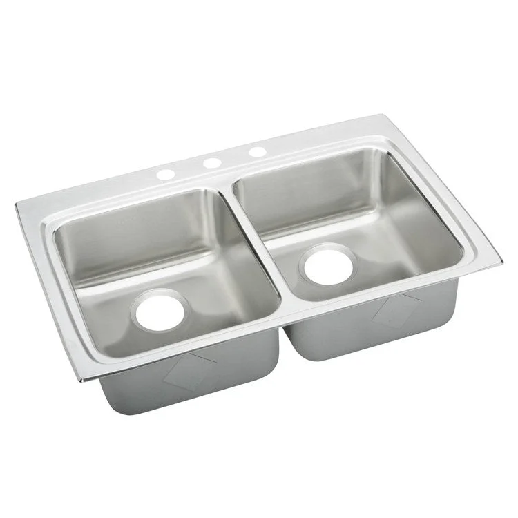 Kitchen Sink Lustertone Classic 33 x 22 Inch Double Bowl Equal ADA Lustrous Satin Drop-In Rectangle Drain Location Rear Center Depth 5 Inch Quick Clip Mounting System Bottom Only Pads