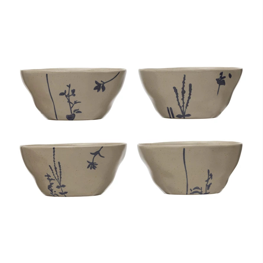 Hand-Stamped Stoneware Bowl w/ Botanical Designs