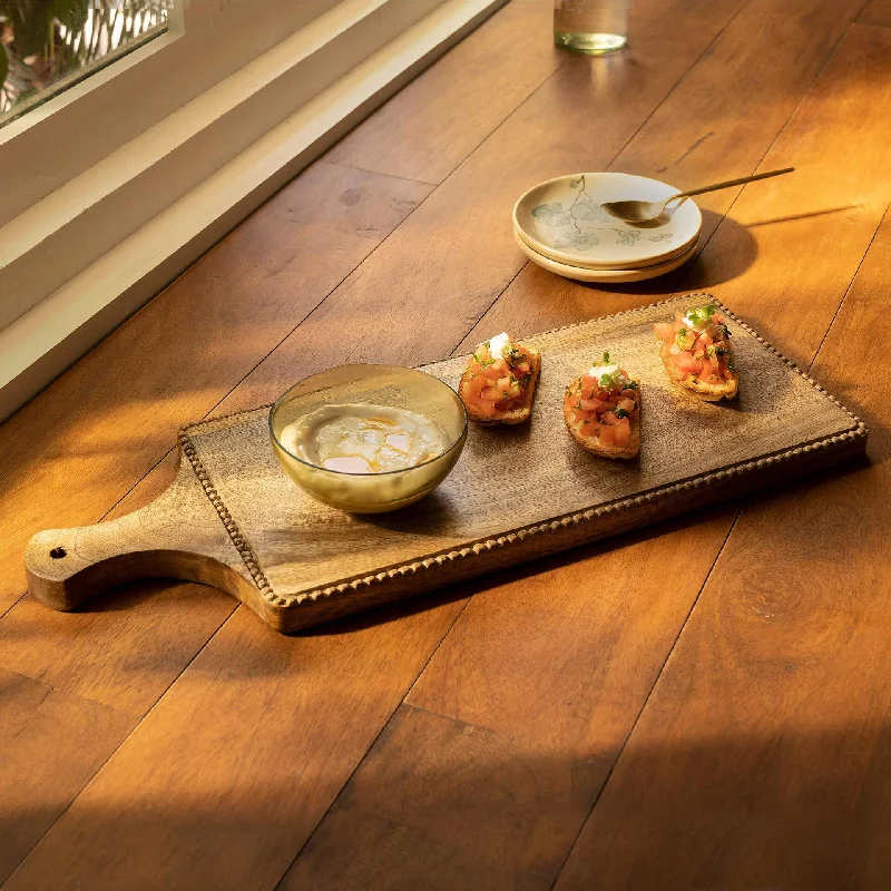 mango wood platter with glass bowl